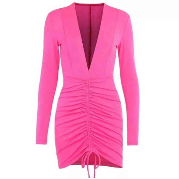 NEW! Magenta Plunging V-Neck Ruched Long Sleeve Mini Dress - Picture 6 of 11